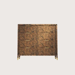 Braggo Furniture ürünü yatak odası New England serisi Alpi California burl kaplamalı lüks şifoniyer